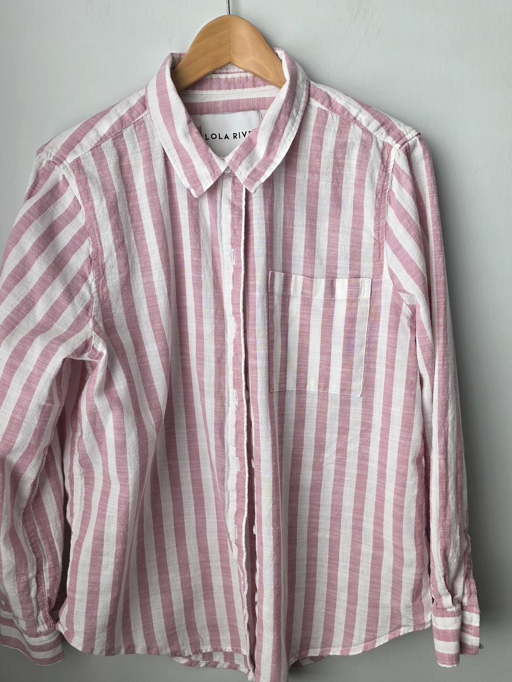 Lola River Pink White Striped Button Down Shirt 100% Cotton Size L